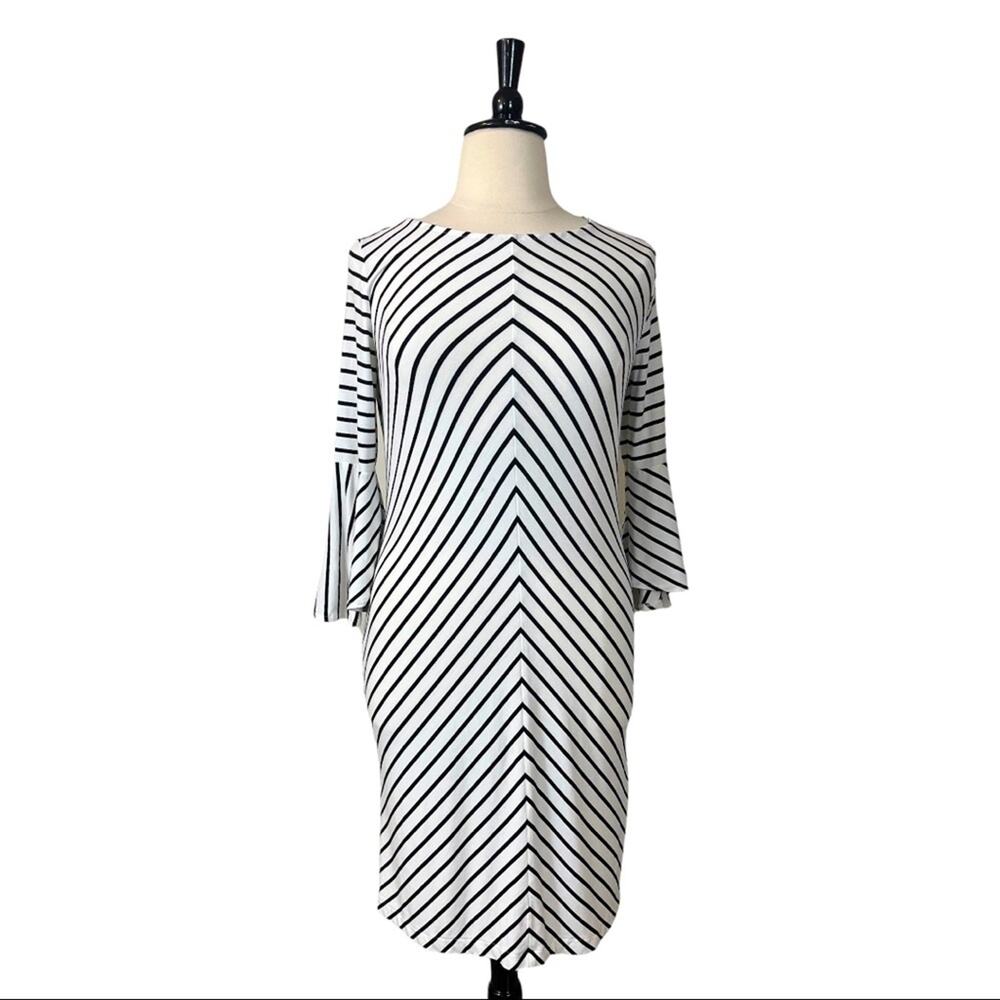 Chico’s White Black Stripe Bell Sleeve Midi Shift Dress Size 2 Women's 12/14